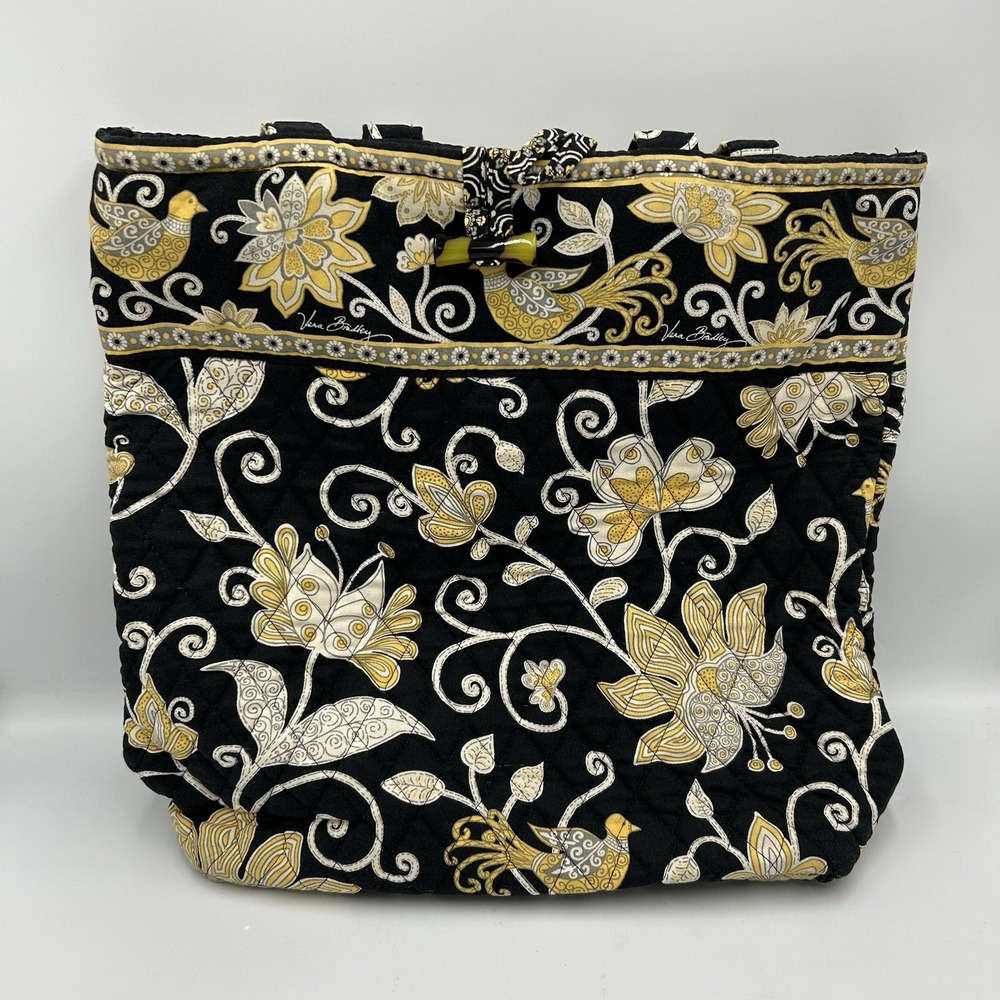 VERA BRADLEY Yellow Bird Tote Bag w/‎ Magnet Close Bucket Purse Black Floral